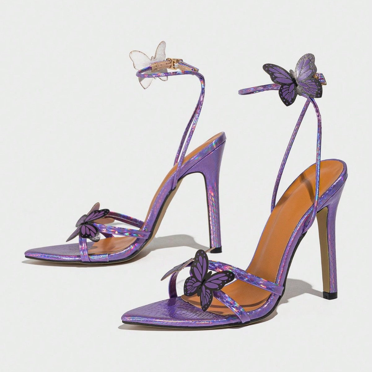 Sandales à talon aiguille et bout pointu pour femme, motif papillon tridimensionnel