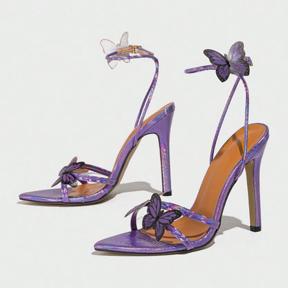 Sandales à talon aiguille et bout pointu pour femme, motif papillon tridimensionnel