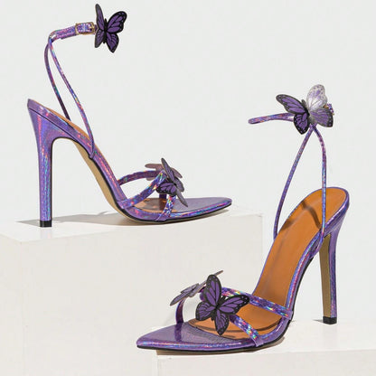 Sandales à talon aiguille et bout pointu pour femme, motif papillon tridimensionnel
